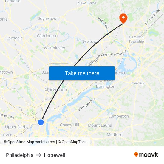 Philadelphia to Hopewell map