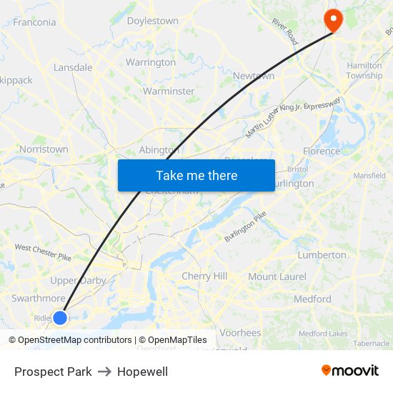 Prospect Park to Hopewell map