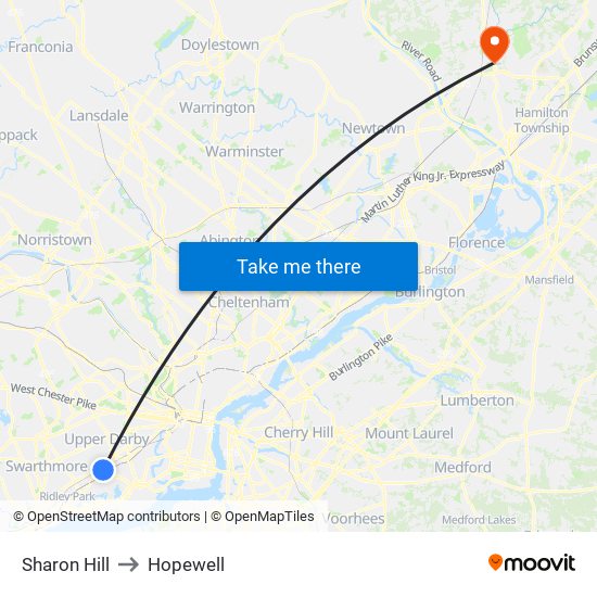 Sharon Hill to Hopewell map