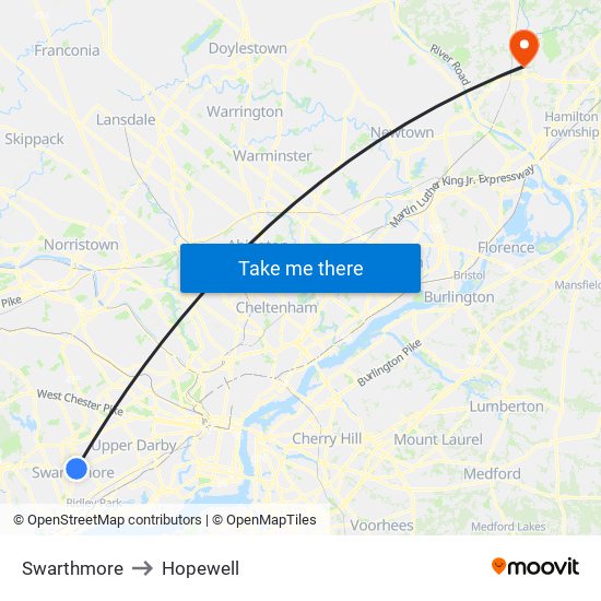 Swarthmore to Hopewell map
