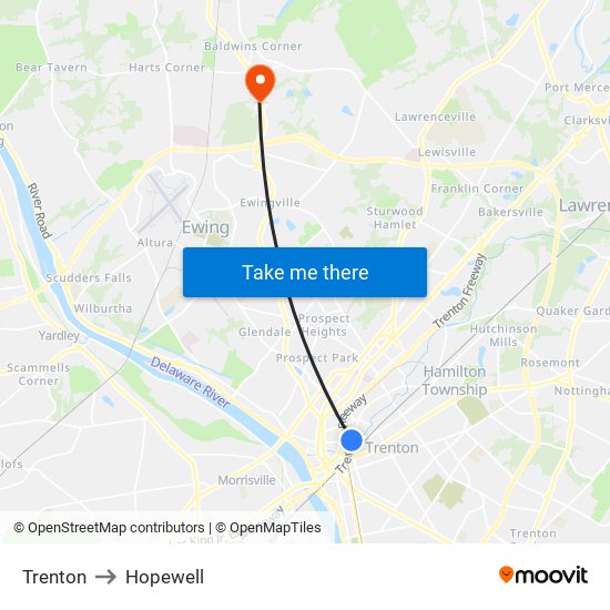 Trenton to Hopewell map