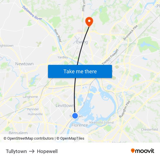 Tullytown to Hopewell map