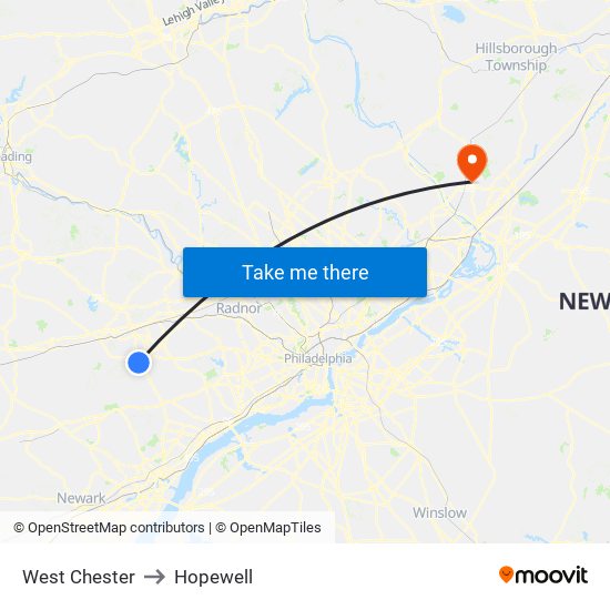 West Chester to Hopewell map