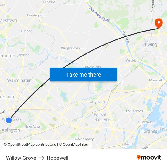 Willow Grove to Hopewell map