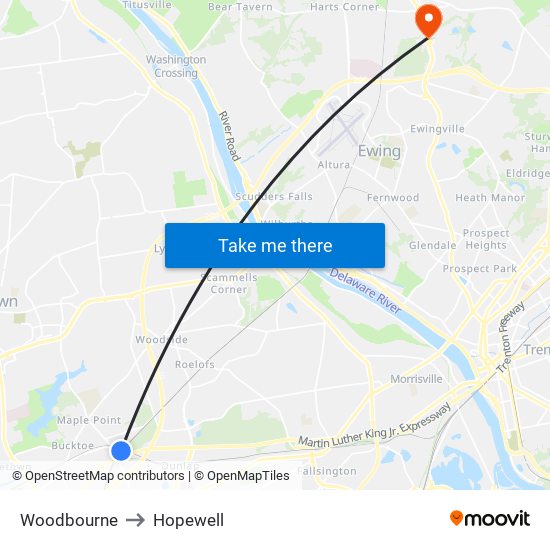 Woodbourne to Hopewell map