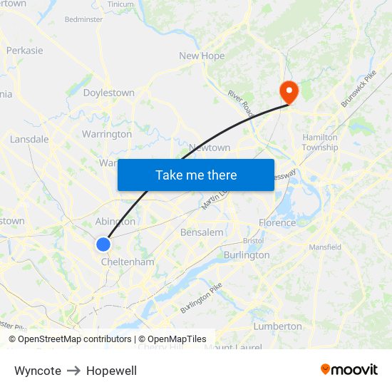 Wyncote to Hopewell map