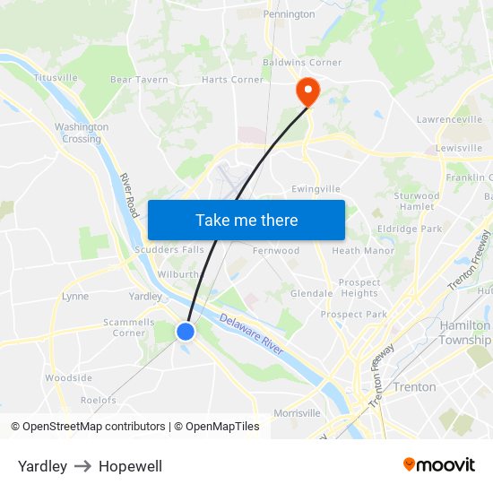 Yardley to Hopewell map