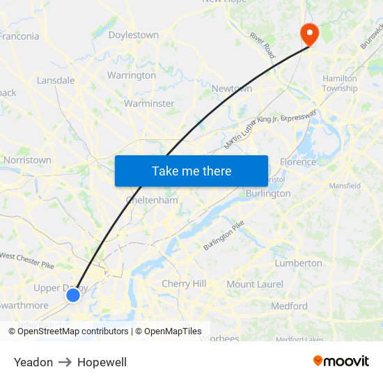 Yeadon to Hopewell map