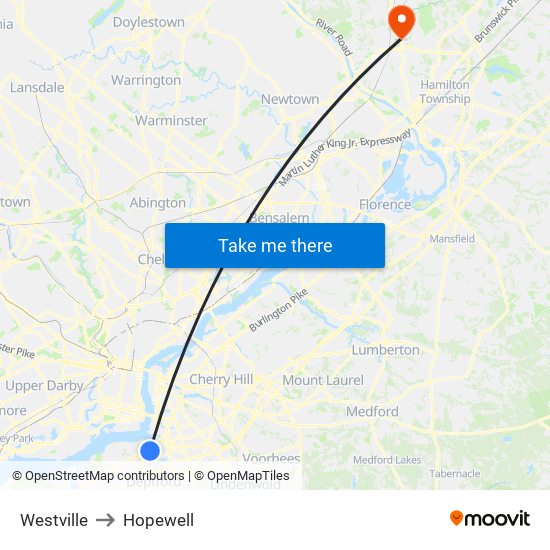 Westville to Hopewell map