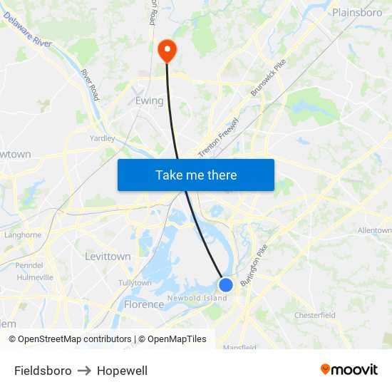 Fieldsboro to Hopewell map