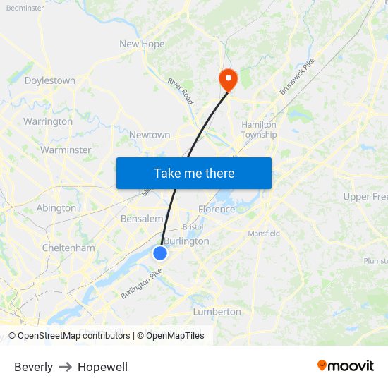 Beverly to Hopewell map