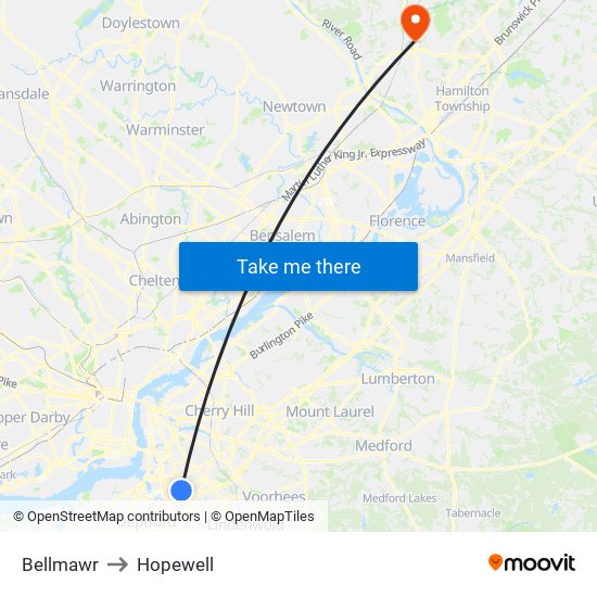 Bellmawr to Hopewell map