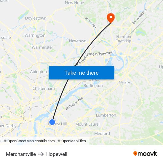 Merchantville to Hopewell map