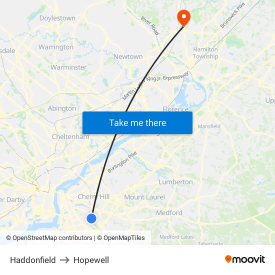 Haddonfield to Hopewell map