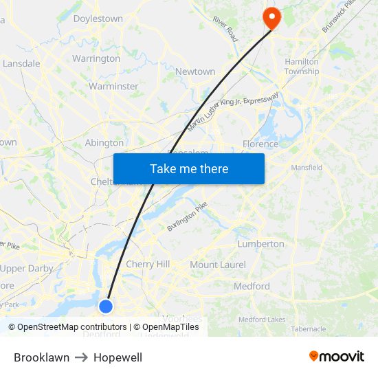 Brooklawn to Hopewell map