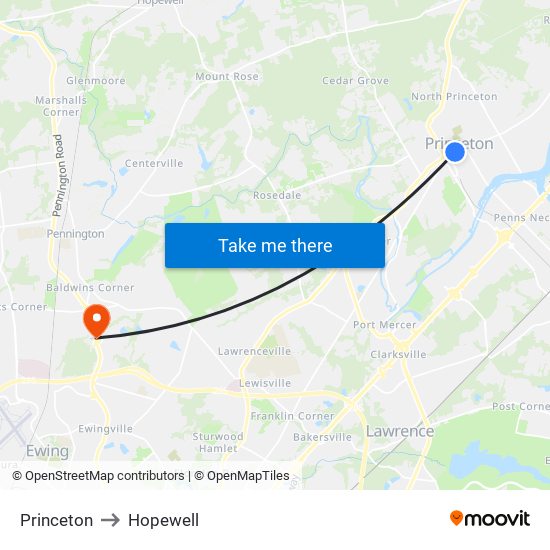 Princeton to Hopewell map