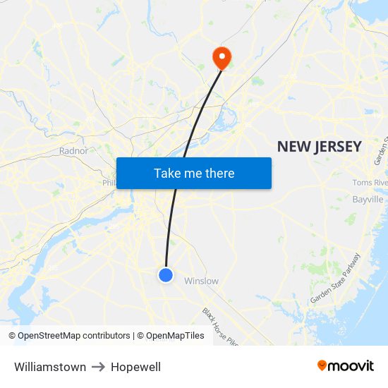 Williamstown to Hopewell map