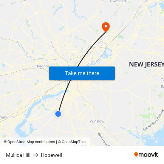 Mullica Hill to Hopewell map