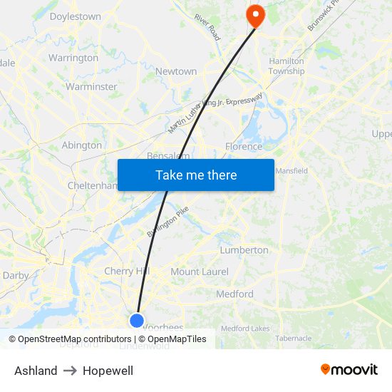 Ashland to Hopewell map