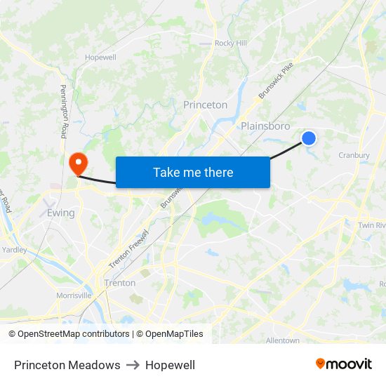 Princeton Meadows to Hopewell map