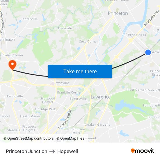 Princeton Junction to Hopewell map