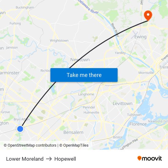 Lower Moreland to Hopewell map