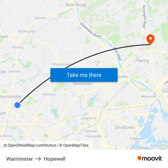 Warminster to Hopewell map