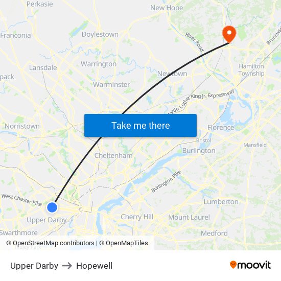 Upper Darby to Hopewell map