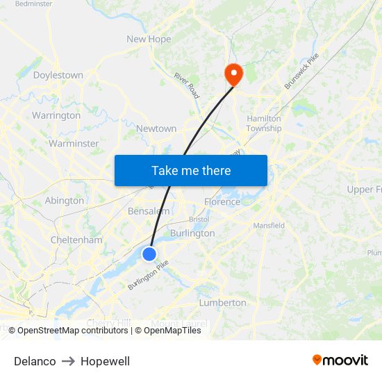 Delanco to Hopewell map