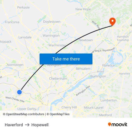 Haverford to Hopewell map