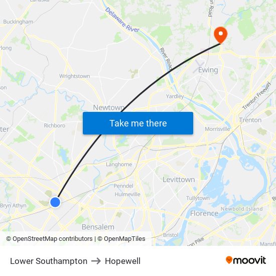 Lower Southampton to Hopewell map