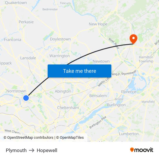 Plymouth to Hopewell map