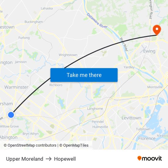 Upper Moreland to Hopewell map