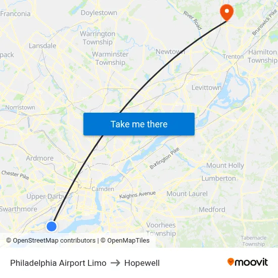 Philadelphia Airport Limo to Hopewell map