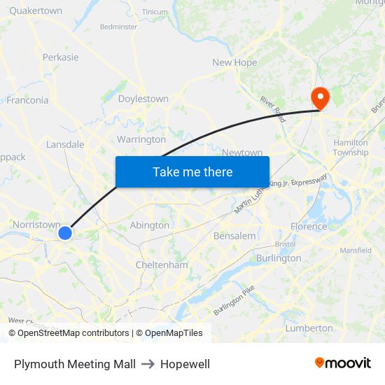 Plymouth Meeting Mall to Hopewell map