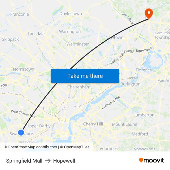 Springfield Mall to Hopewell map