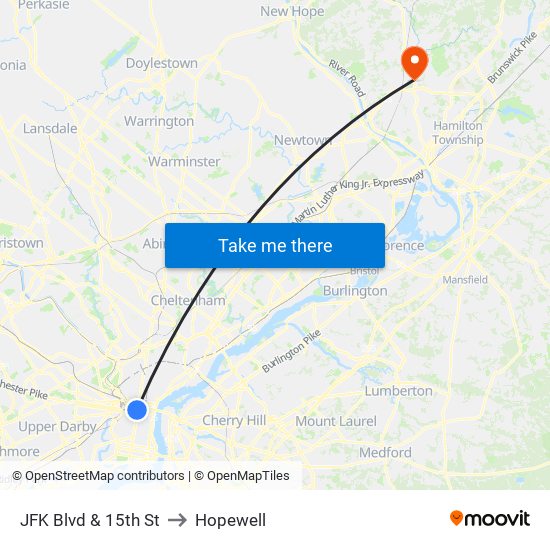 JFK Blvd & 15th St to Hopewell map