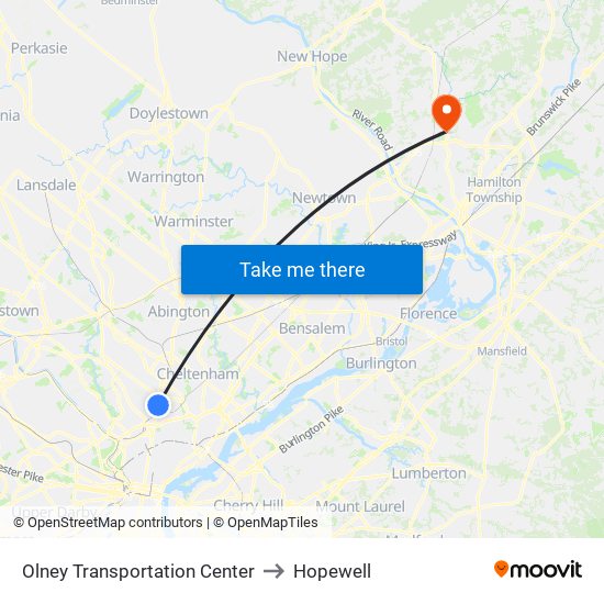 Olney Transportation Center to Hopewell map