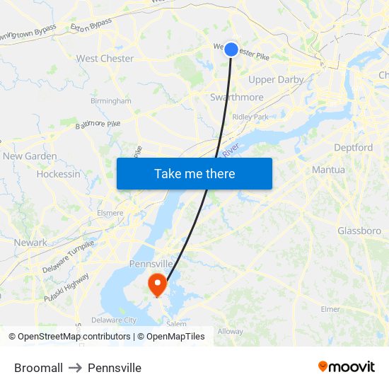 Broomall to Pennsville map