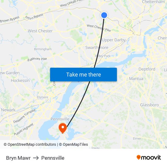 Bryn Mawr to Pennsville map