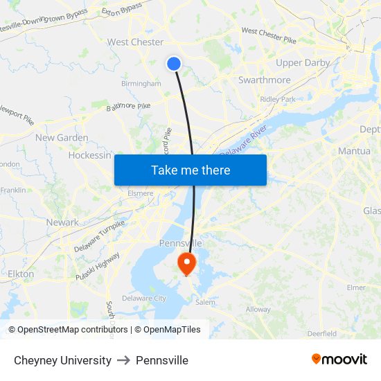 Cheyney University to Pennsville map