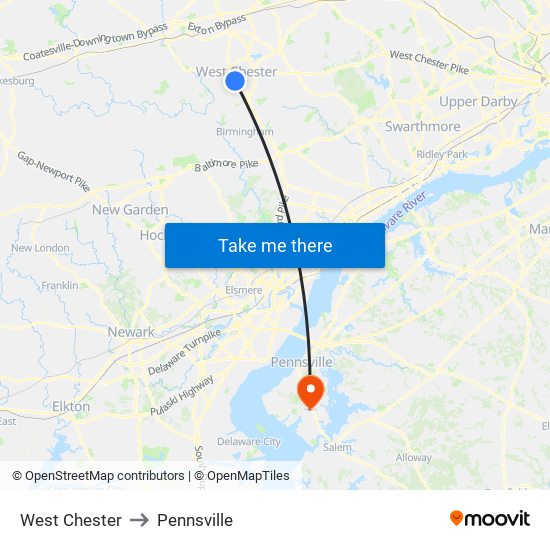 West Chester to Pennsville map