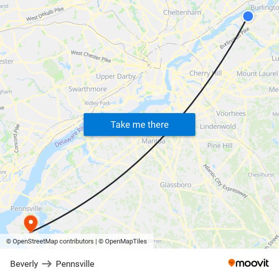Beverly to Pennsville map