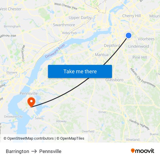 Barrington to Pennsville map