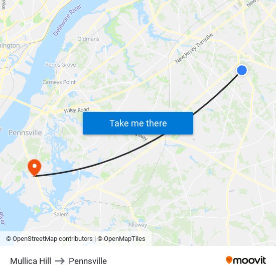 Mullica Hill to Pennsville map