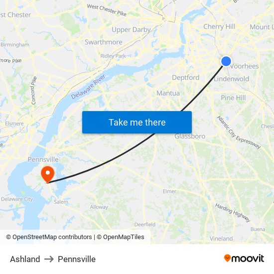 Ashland to Pennsville map