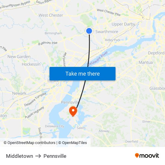 Middletown to Pennsville map