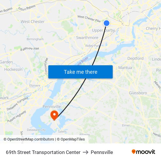 69th Street Transportation Center to Pennsville map
