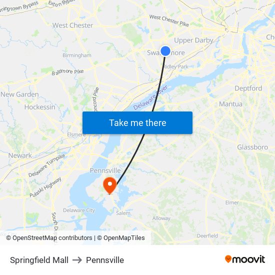 Springfield Mall to Pennsville map