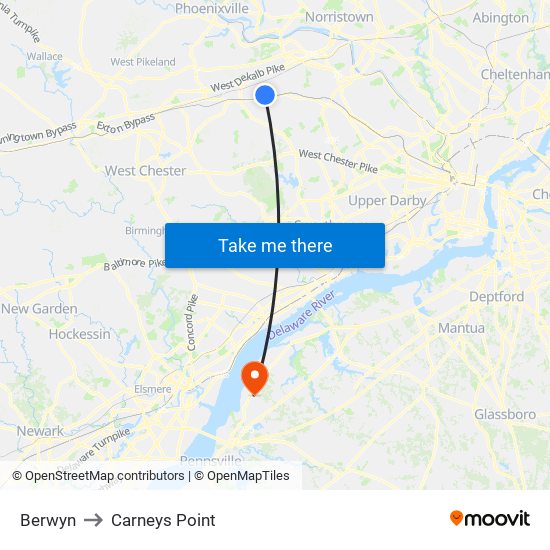 Berwyn to Carneys Point map